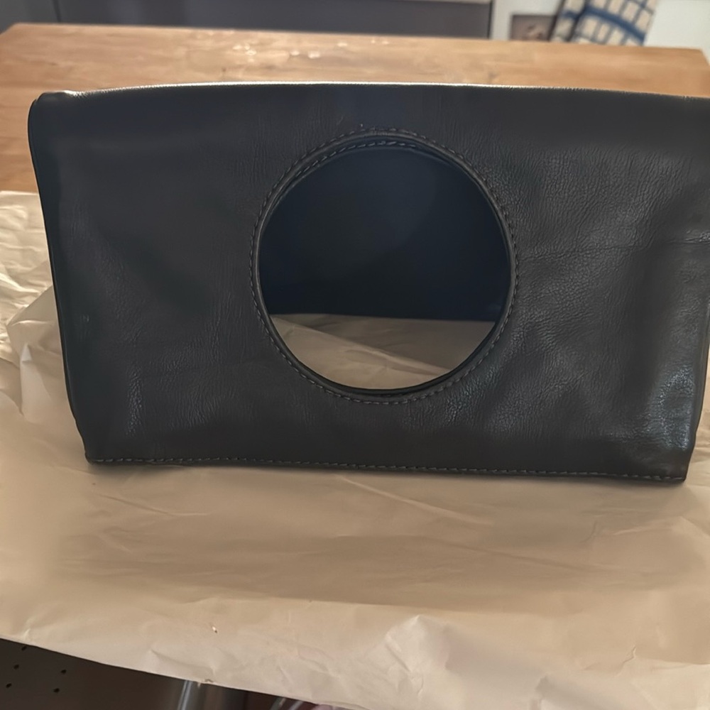 Lesa Wallace Charcoal Grey Leather Clutch with Circular Handle